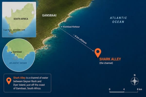 Map showing location of Shark Alley off Gansbaai South Africa