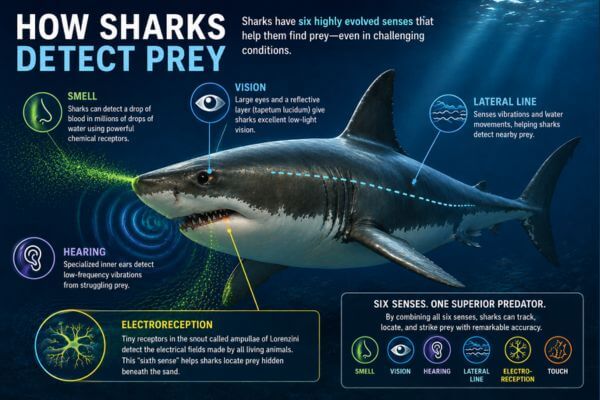 Illustration showing shark senses including electroreception and smell