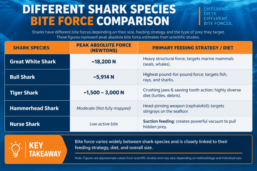 Absolute bite force between sharks comparison Absolute bite force between sharks comparison